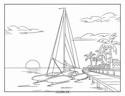 Coloriage de plage au coucher du soleil pour enfants : Un voilier accosté au ponton tandis que le soleil se couche derrière les palmiers
