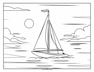 Coloriage de plage au coucher du soleil pour enfants : Un voilier dérive près de l'horizon sous un ciel embrasé par le coucher du soleil