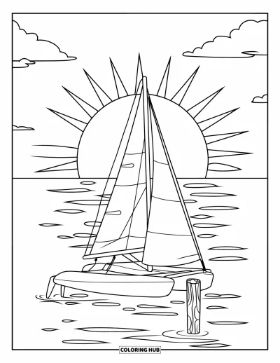 Coloriage de plage au coucher du soleil pour enfants : Un voilier repose tranquillement tandis que le soleil se couche sur l'eau calme