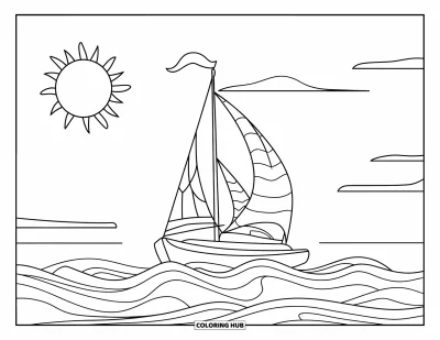 Coloriage de plage au coucher du soleil pour enfants : Un voilier se repose sous un soleil radieux à l'horizon
