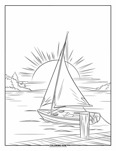 Coloriage de plage au coucher du soleil pour enfants : Un voilier amarré à un ponton baigne dans la lueur du coucher du soleil
