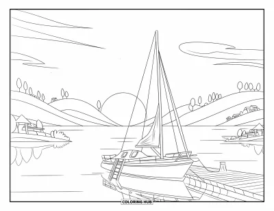 Coloriage de plage au coucher du soleil pour enfants : Un voilier amarré à un ponton en bois reflétant la douce lueur du coucher du soleil