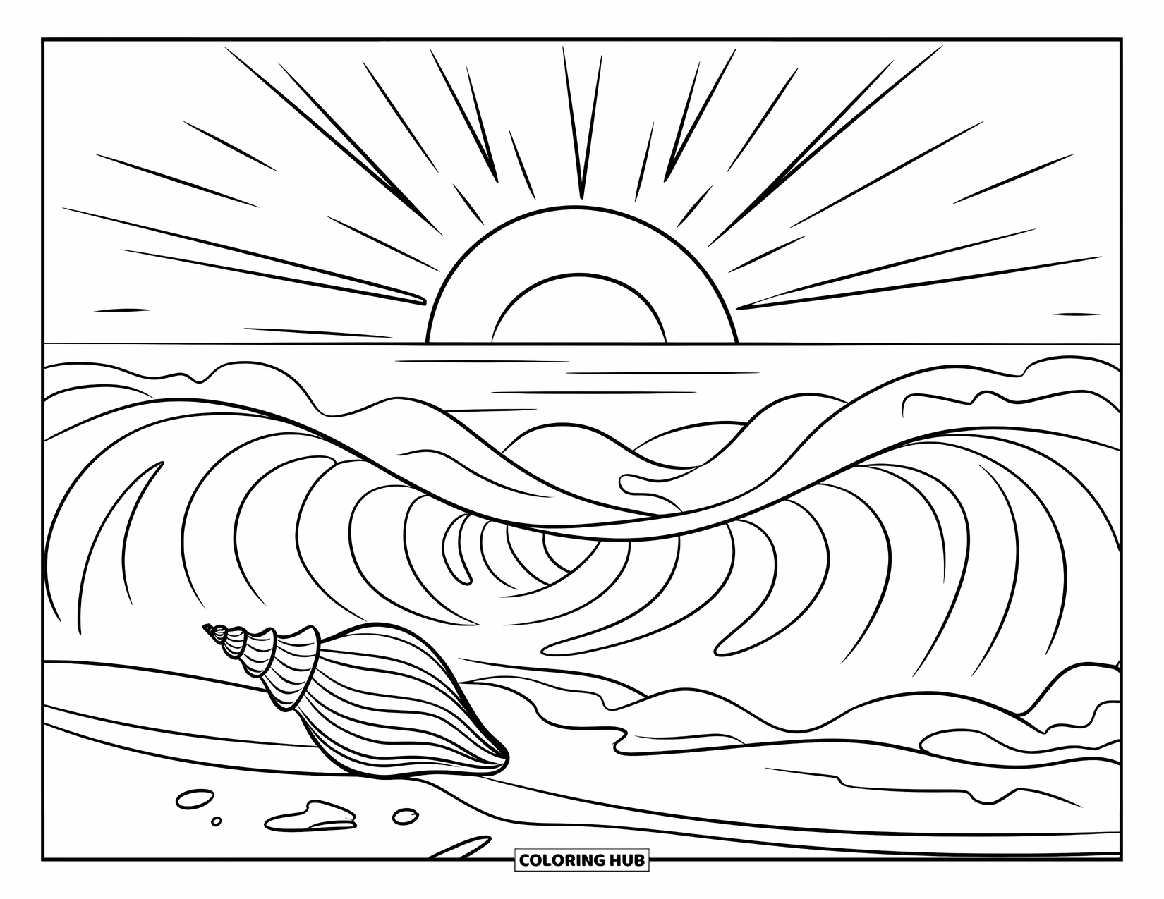 Sunset Beach Coloring Page for Kids: A seashell rests on the shore as the sun sets over waves
