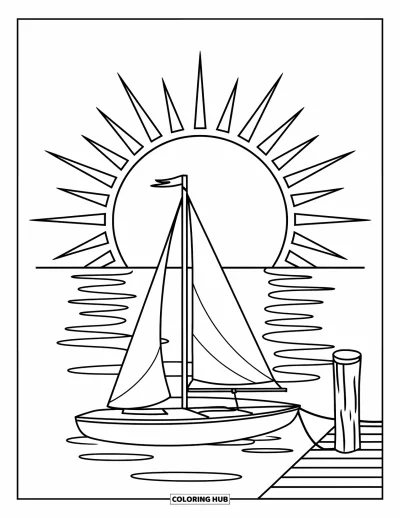 Coloriage de plage au coucher du soleil pour enfants : Un voilier solitaire flotte sur des eaux calmes avec le soleil en arrière-plan