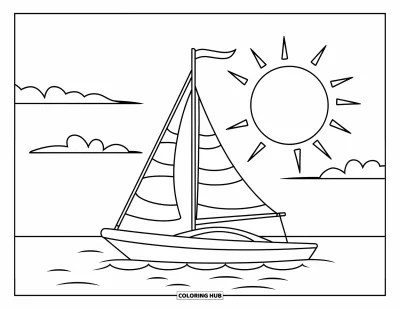 Coloriage de plage au coucher du soleil pour enfants : Un petit voilier navigue près de l'horizon sous le soleil du soir