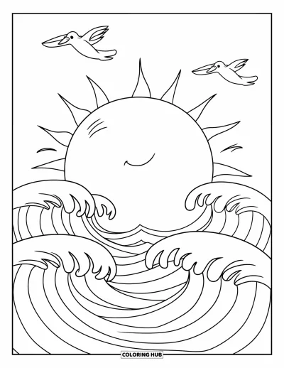 Coloriage de plage au coucher du soleil pour enfants : Un soleil souriant descend dans les vagues tandis que des oiseaux planent au-dessus