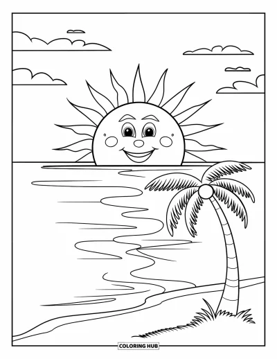 Coloriage de plage au coucher du soleil pour enfants : Un soleil souriant se couche derrière un palmier sur la plage de sable