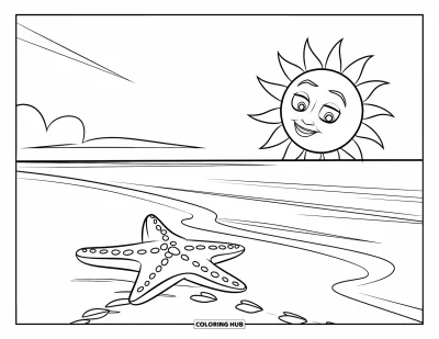 Coloriage de plage au coucher du soleil pour enfants : Une étoile de mer sur la plage face au soleil souriant dans le ciel