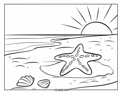 Coloriage de plage au coucher du soleil pour enfants : Une étoile de mer repose sur le rivage sablonneux sous un coucher de soleil lumineux