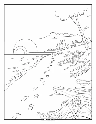 Coloriage de plage au coucher du soleil pour enfants : Une plage au coucher du soleil avec des empreintes de pas et du bois flotté près d'arbres et de maisons
