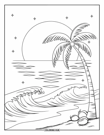 Coloriage de plage au coucher du soleil pour enfants : Un grand palmier se penche au bord de l'océan sous un coucher de soleil lumineux