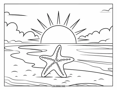 Coloriage de plage au coucher du soleil pour enfants : Une large plage accueille une étoile de mer sous le soleil chaud du soir
