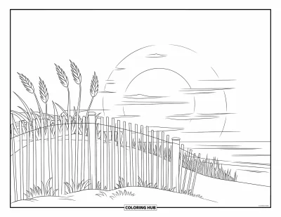 Coloriage de plage au coucher du soleil pour enfants : Une clôture en bois avec des herbes des dunes se profile contre un coucher de soleil chaleureux