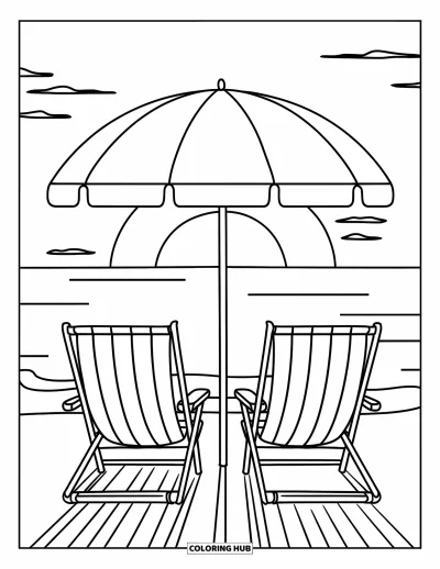 Coloriage de plage au coucher du soleil pour enfants : Des chaises de plage et un parasol donnent sur l'océan paisible au coucher du soleil