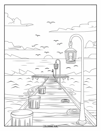 Coloriage de plage au coucher du soleil pour enfants : Des oiseaux volent au-dessus d'un ponton illuminé de lanternes au coucher du soleil sur l'océan