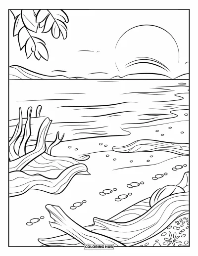 Coloriage de plage au coucher du soleil pour enfants : Du bois flotté et des empreintes de pas parsèment la plage de sable au coucher du soleil