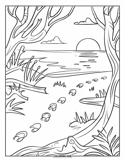 Coloriage de plage au coucher du soleil pour enfants : Des empreintes dans le sable mènent vers du bois flotté sous un soleil déclinant