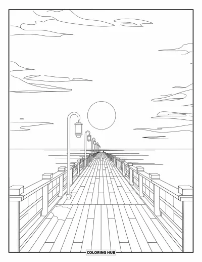 Coloriage de plage au coucher du soleil pour enfants : Des lanternes suspendues sur un ponton surplombent des eaux calmes au coucher du soleil