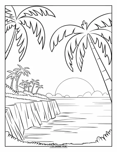 Coloriage de plage au coucher du soleil pour enfants : Des palmiers sur une falaise dominant l'océan au coucher du soleil