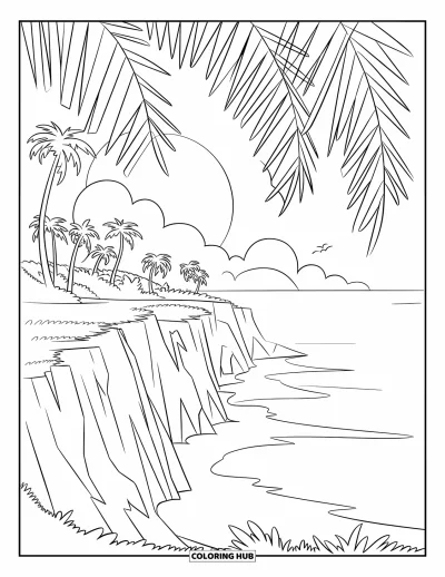 Coloriage de plage au coucher du soleil pour enfants : Des palmiers se dressent au-dessus des falaises côtières tandis que le soleil décline