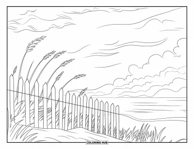 Coloriage de plage au coucher du soleil pour enfants : Des herbes des dunes se courbent dans la brise près d'un coucher de soleil sur l'océan