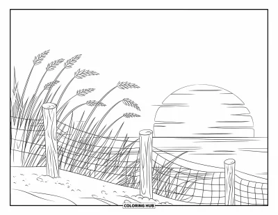 Coloriage de plage au coucher du soleil pour enfants : Des herbes des dunes se balancent près d'une clôture en bois avec le coucher du soleil au loin