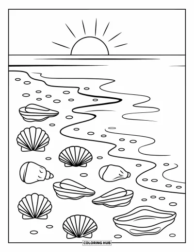 Coloriage de plage au coucher du soleil pour enfants : Des coquillages recouvrent le rivage sablonneux tandis que le soleil plonge dans l'océan