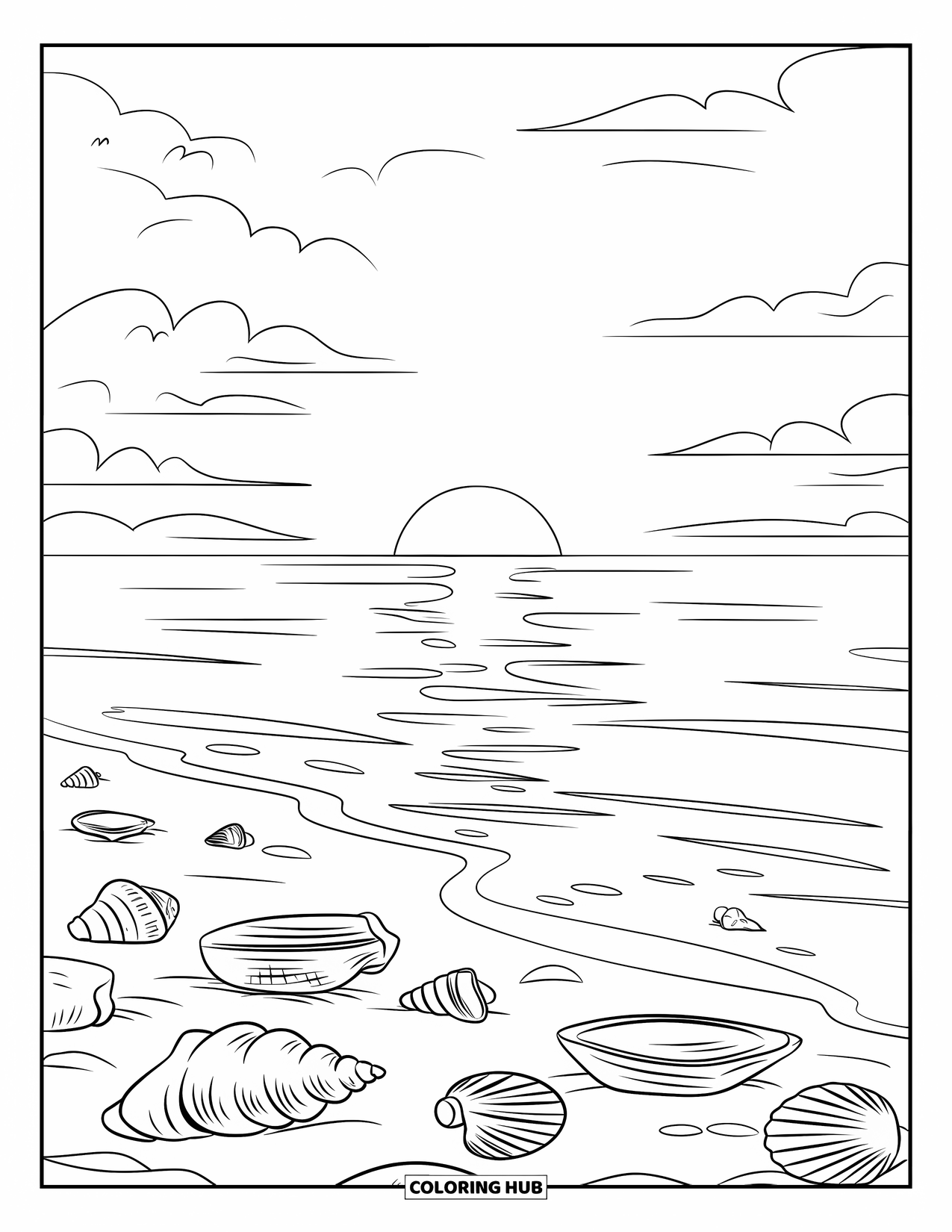 Sunset Beach Coloring Page for Kids: Seashells scatter across the shoreline as the sun meets the sea