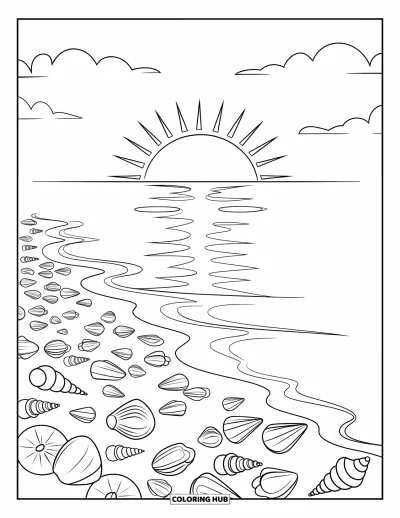 Coloriage de plage au coucher du soleil pour enfants : La plage est couverte de coquillages sous la lueur du coucher du soleil