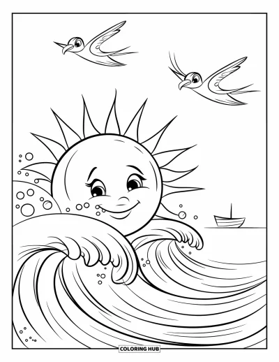 Coloriage de plage au coucher du soleil pour enfants : Le soleil se couche sur la mer avec deux oiseaux qui volent au-dessus