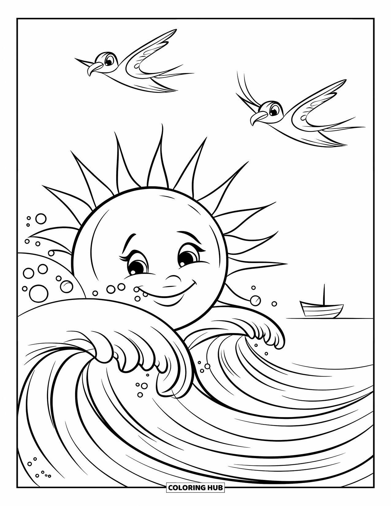 Sunset Beach Coloring Page for Kids: The sun sets over the sea with two birds flying above