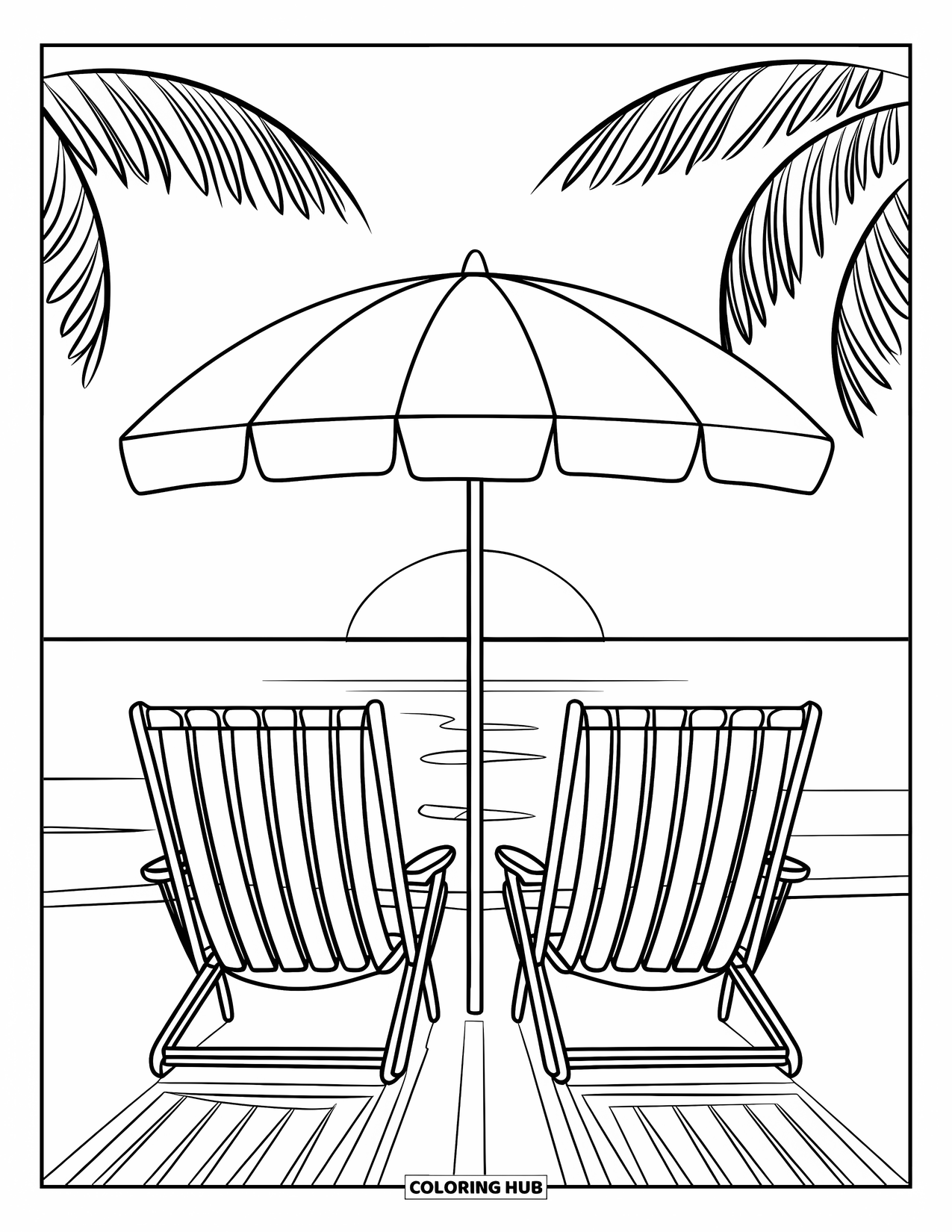 Sunset Beach Coloring Page for Kids: Two beach chairs with an umbrella face the ocean sunset