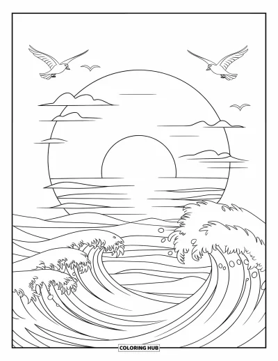 Coloriage de plage au coucher du soleil pour enfants : Deux oiseaux planent au-dessus de l'océan tandis que le soleil plonge dans les flots