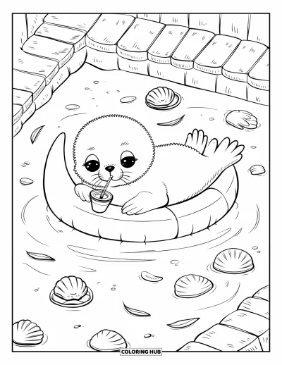 Coloriage de natation pour adultes : Un bébé phoque paresse sur un flotteur en lune en sirotant une boisson parmi des coquillages et des bulles félines