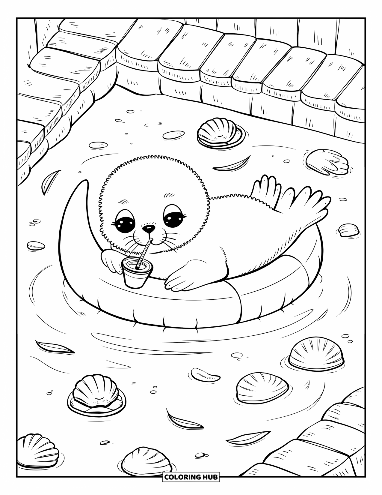 Swimming Coloring Page for Adults: A baby seal lounges on a moon float sipping from a cup among clamshells and cat bubbles