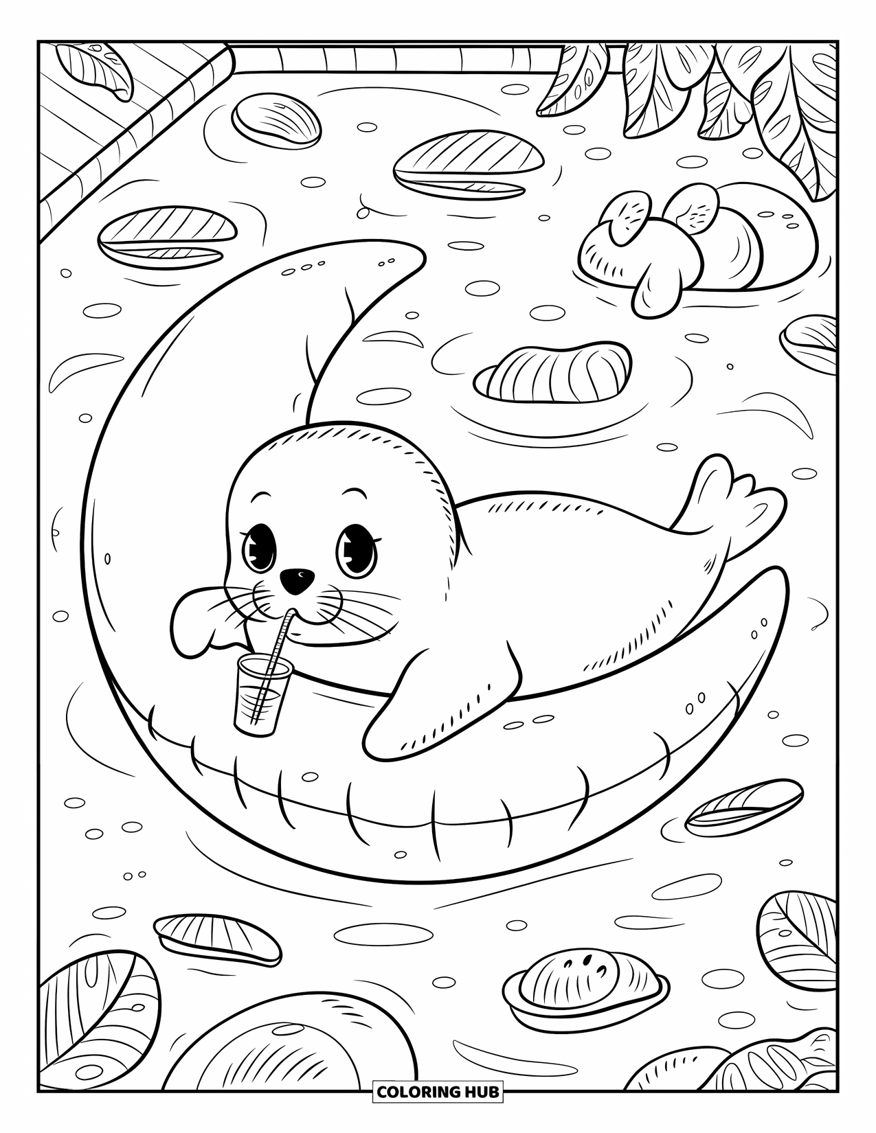 Swimming Coloring Page for Adults: A baby seal relaxes on a moon float sipping from a cup with clamshells and cat bubbles