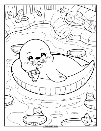 Coloriage de natation pour adultes : Un bébé phoque se repose sur un flotteur en forme de lune avec des coquillages, des bulles en forme de chat et des feuilles qui dérivent