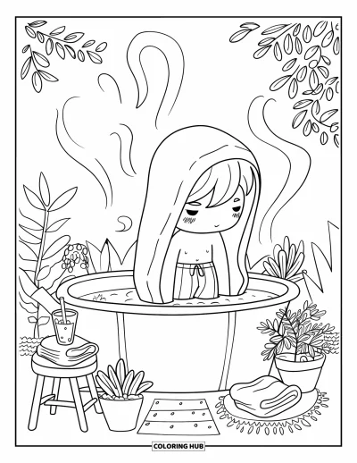 Coloriage de natation pour adultes : Un garçon chibi trempe ses pieds dans un bac de jardin avec des serviettes, des plantes et une limonade