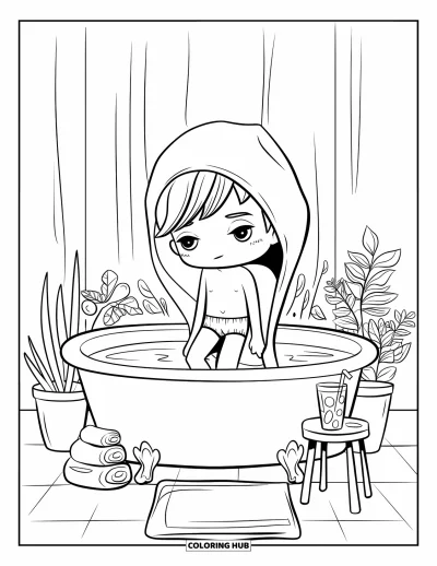 Coloriage de natation pour adultes : Un garçon chibi trempe ses pieds dans un bac de jardin avec des plantes et une limonade à côté