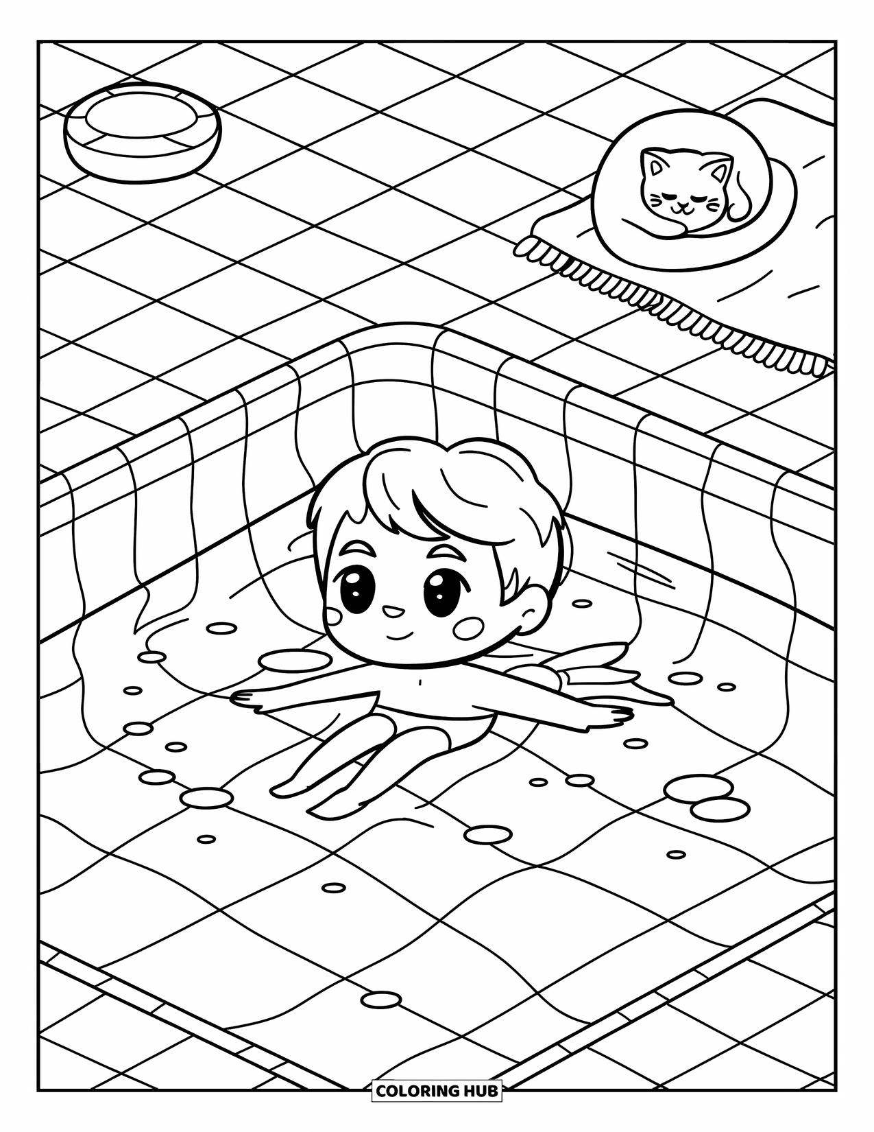 Swimming Coloring Page for Adults: A chibi boy practices floating in an indoor pool with soft tiles and a resting cat