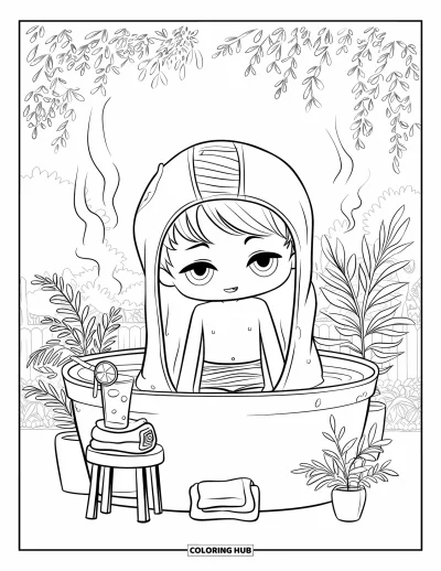 Coloriage de natation pour adultes : Un garçon chibi trempe les pieds dans un bac de jardin entouré de plantes et d'une douce vapeur