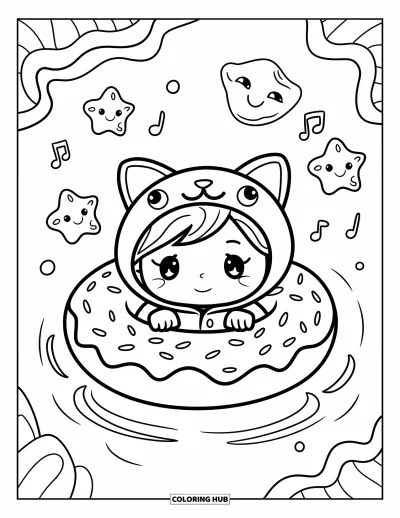 Coloriage de natation pour adultes : Un enfant chibi dans une bouée à oreilles de chat dérive dans un anneau en forme de beignet avec des étoiles de mer et des bulles