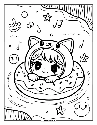 Coloriage de natation pour adultes : Un enfant chibi dans une bouée à oreilles de chat se repose dans un anneau en forme de beignet avec des étoiles de mer et des bulles