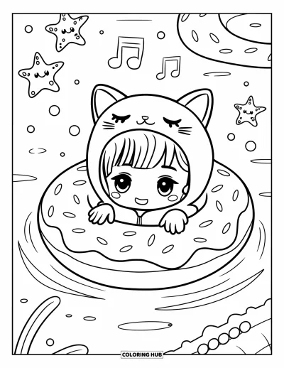Coloriage de natation pour adultes : Un enfant chibi dans une bouée en forme de chat flotte dans un anneau beignet avec des étoiles de mer et des notes de musique