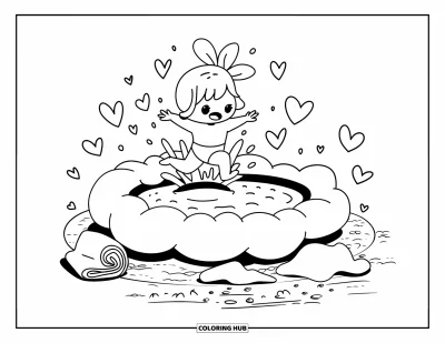Coloriage de natation pour adultes : Une fillette chibi saute dans une piscine nuageuse avec de doux cœurs et une serviette à côté
