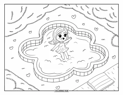 Coloriage de natation pour adultes : Une fillette chibi aux longs cheveux saute dans une piscine nuageuse entourée de cœurs et de verdure