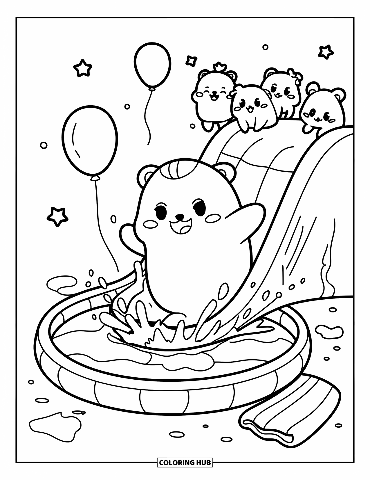 Swimming Coloring Page for Adults: A chubby bear slides into an inflatable pool with balloons, stars, and waiting tiny animals