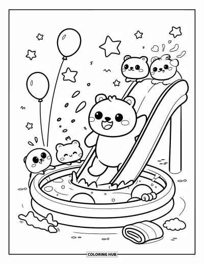 Coloriage de natation pour adultes : Un ourson chibi potelé glisse dans une pataugeoire pendant que de petits animaux attendent leur tour