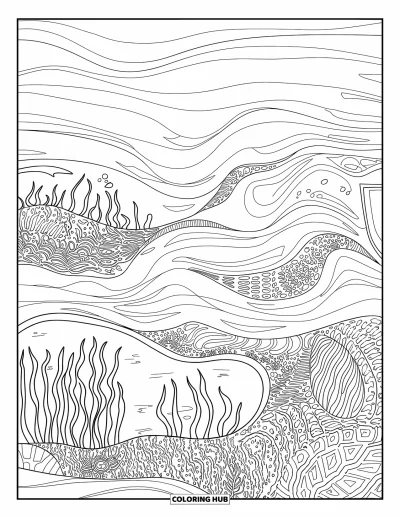 Coloriage de natation pour adultes : Un plongeur explore des rochers et des plantes ondulantes sous l'eau avec des motifs artistiques tout autour