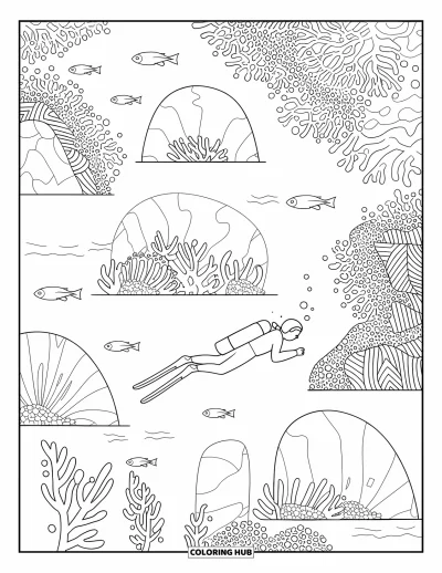 Coloriage de natation pour adultes : Un plongeur glisse près de récifs et d'arches de corail avec des poissons, des algues et des motifs détaillés